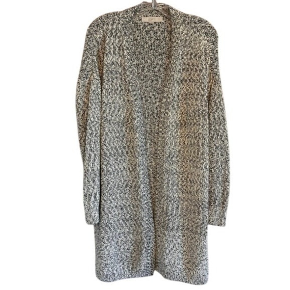 Loft Women's Gray White Black Open Front Chunky Knit Long Cardigan Sweater MD